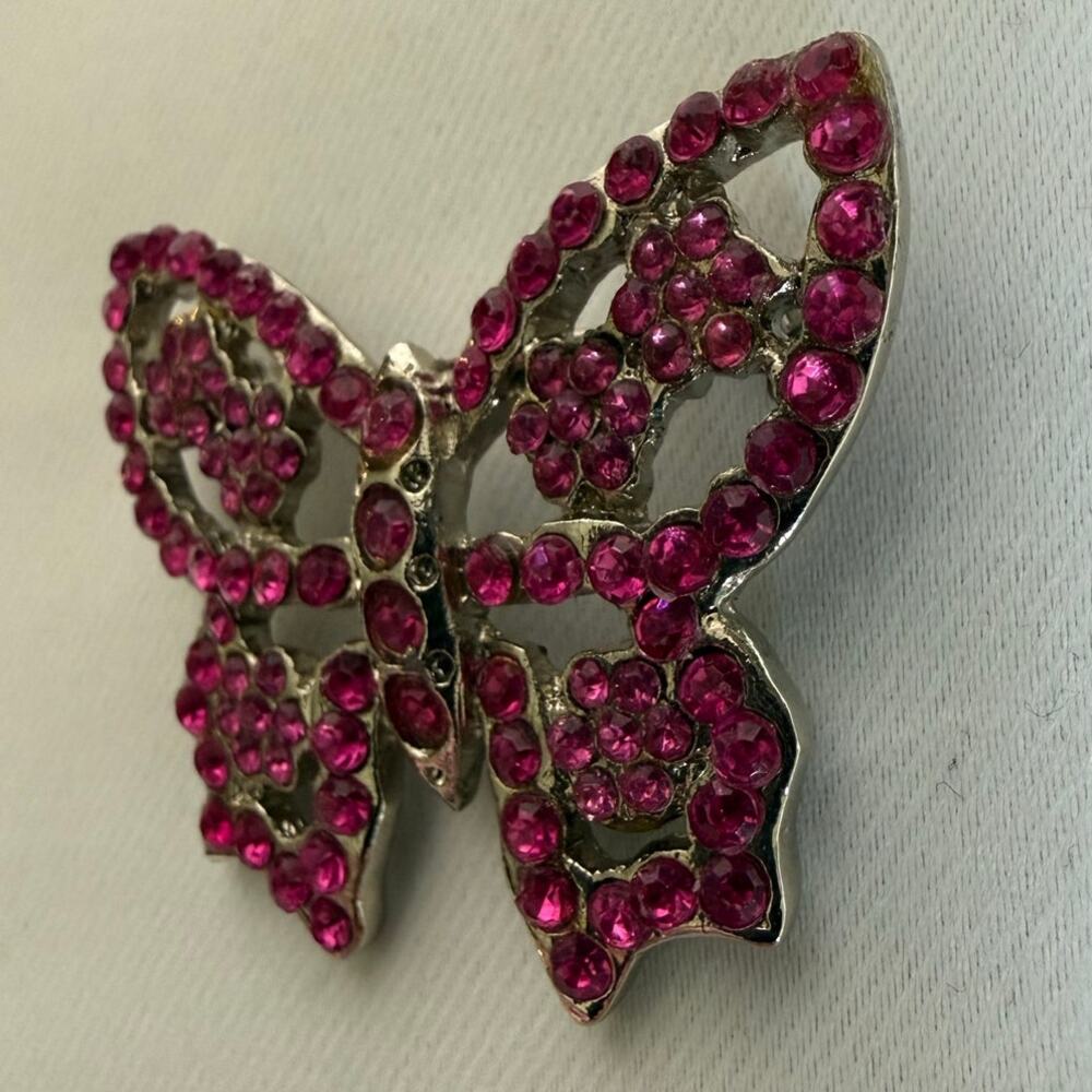 Vintage Pink Rhinestone Butterfly Brooch Pin Silver Tone Statement Jewelry - Picture 4 of 8